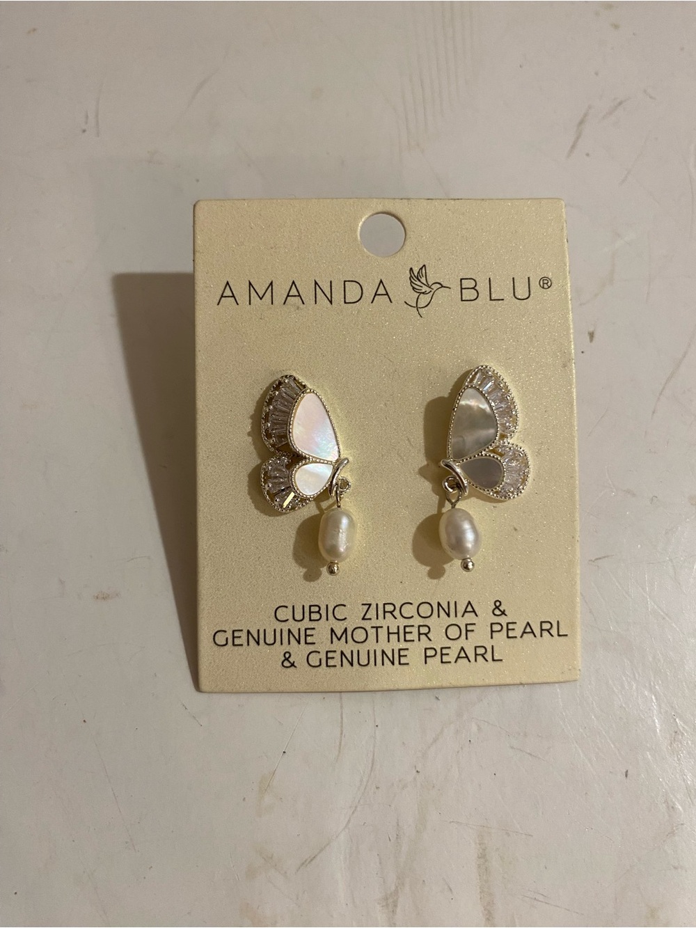 Amanda Blu Cubic Zirconia & Genuine Mother of Pearl Butterfly Post Earrings (RR) - Picture 3 of 7